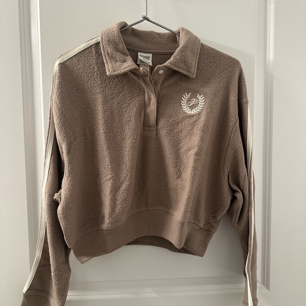 Victoria’s Secret PINK Reverse Fleece Cropped Polo Sweatshirt | Beige | M